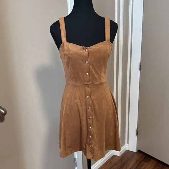 Forever 21 Tan Suede-Look Button Front Mini Dress with Wide Straps - Picture 1 of 5